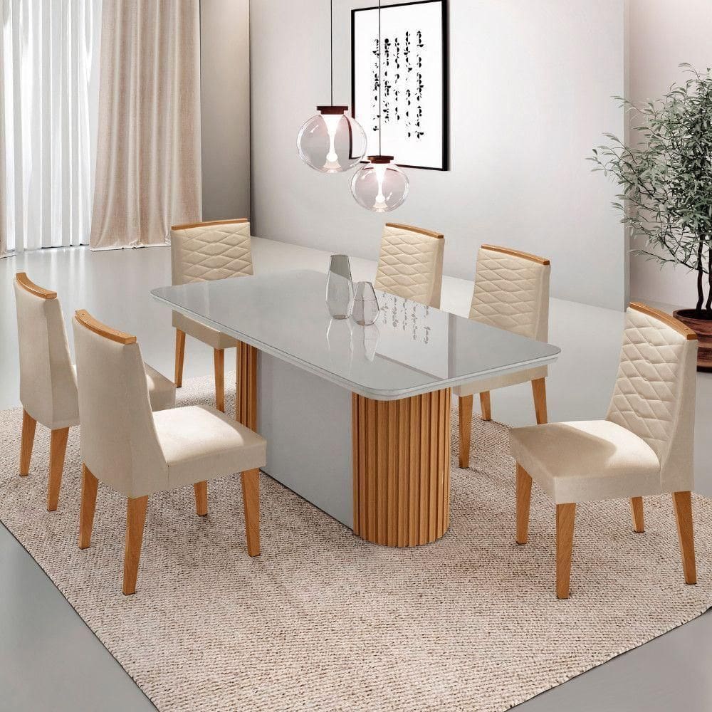 Mesa Jantar Aspen Tampo MDF Vidro 6 Cadeiras Eloise Moderna Veludo Creme Off White