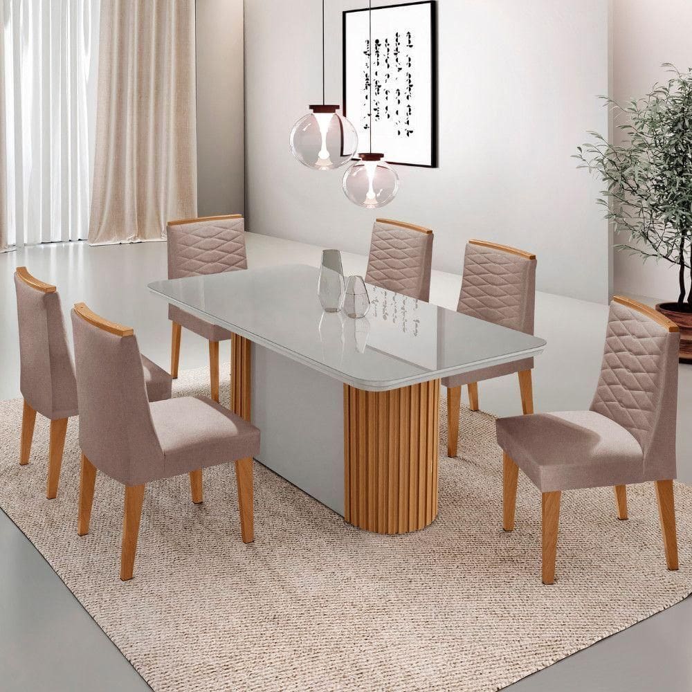 Mesa Jantar Aspen Tampo MDF Vidro 6 Cadeiras Eloise Moderna Linho Capuccino Off White