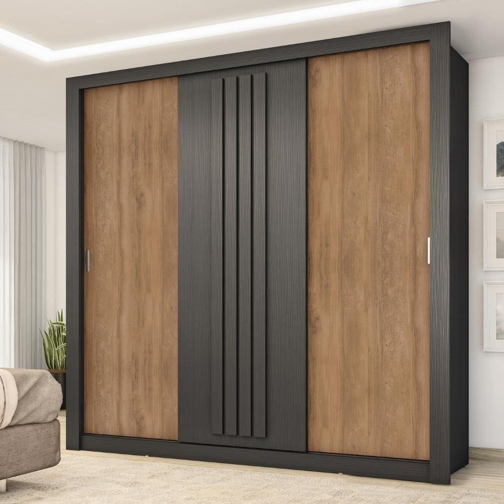 Guarda Roupa Casal 3 Portas Doha Carraro Preto Touch Com Freijó