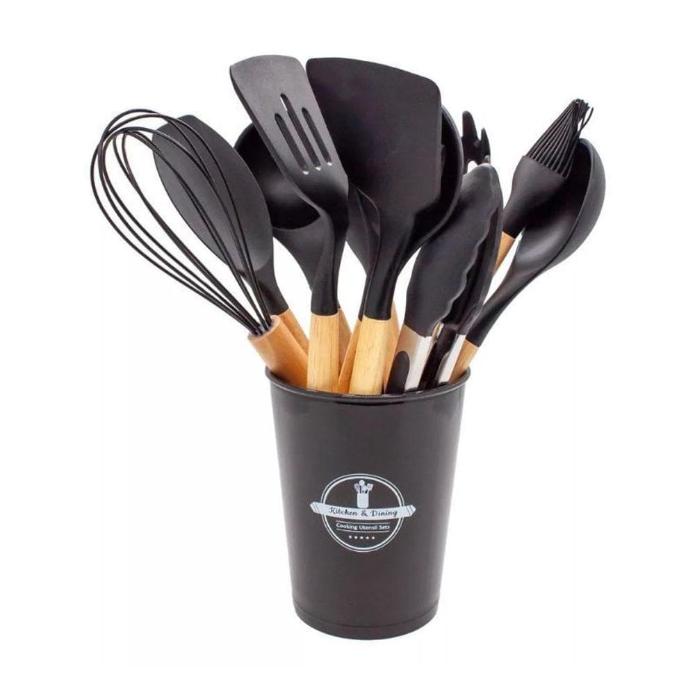 Jogo 12 Utensílios Silicone Preto E Cabo De Madeira