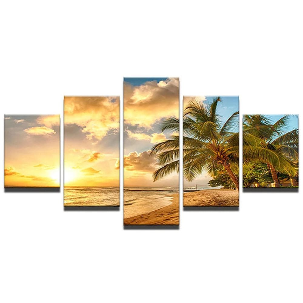 Quadros Decorativos 5 Peças Praia Mar Sol Coqueiro Natureza