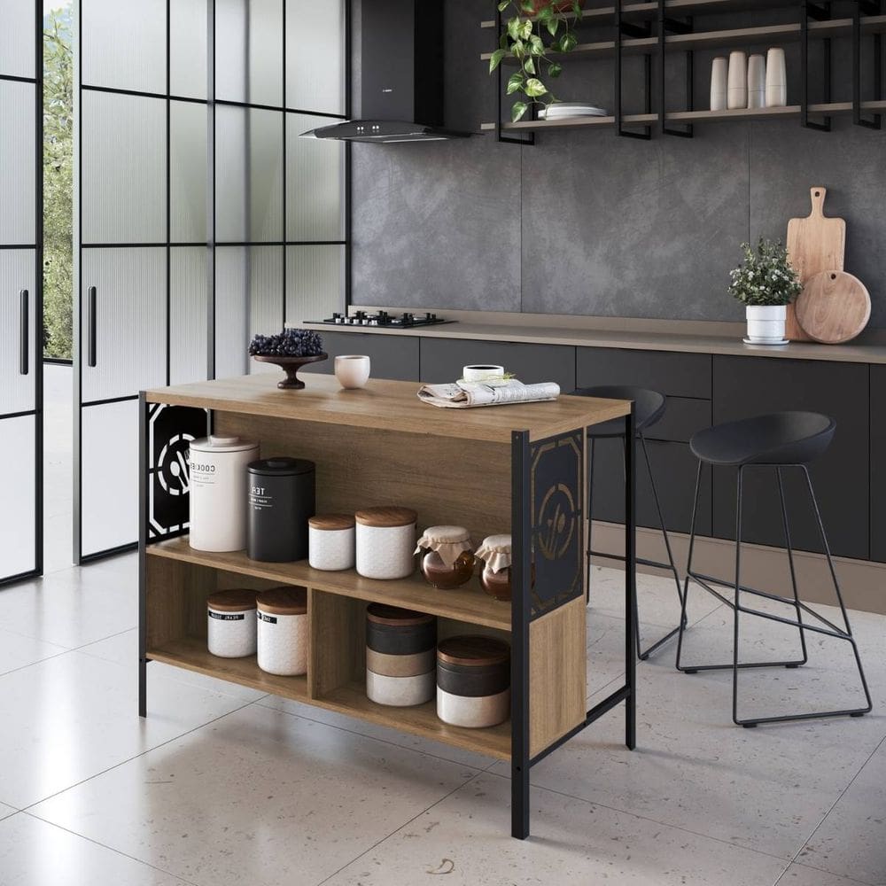 Ilha Bancada Mesa Cozinha Para Banquetas Com Prateleiras