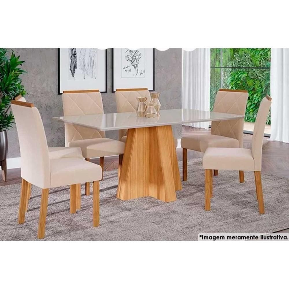 Sala De Jantar Completa Patricia C- Tampo Madeirado C- Vidro Canto Reto 160x80cm E 6 Cadeiras Fernanda Nature-madeirado-suede Nude Bege - Cimol