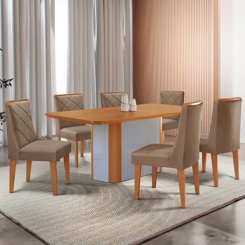 Mesa De Jantar Isadora Tampo MDF 6 Cadeiras Isadora Moderna Veludo Capuccino Naturalle