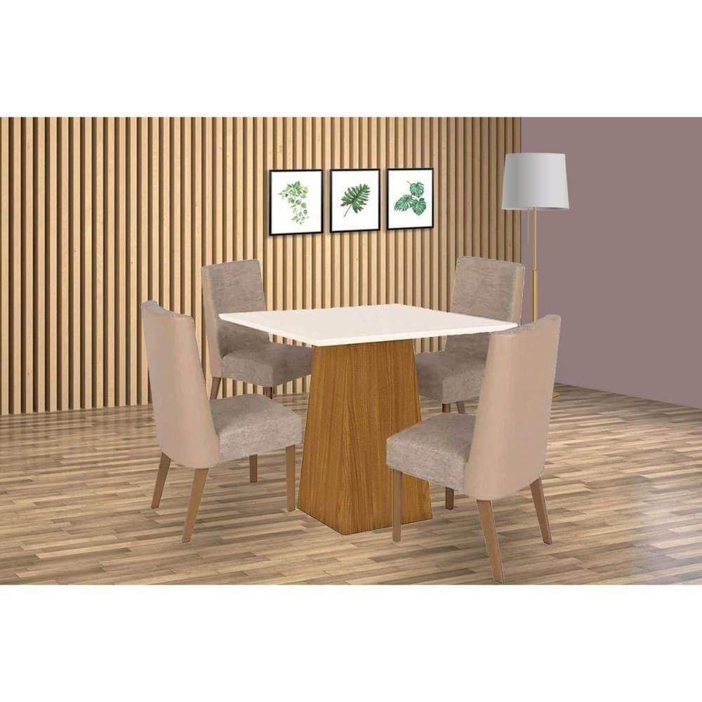 Conjunto Mesa Sala Jantar Dora Tampo Madeirado 90x90cm E 4 Cadeiras Anne Nature Courano Creme Henn