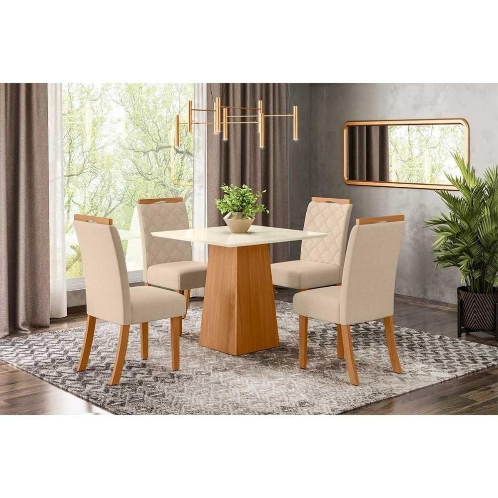 Conjunto Mesa Sala Jantar Dora Tampo Madeirado 90cm E 4 Cadeiras Bella Nature Linho Henn