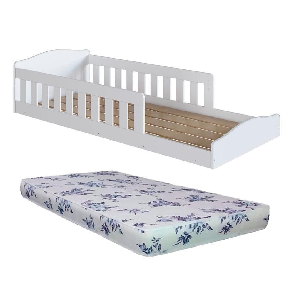 Cama Com Colchão Solteiro Ortobom Montessoriana Infantil Proteção Lateral Branco Completa Móveis Branco