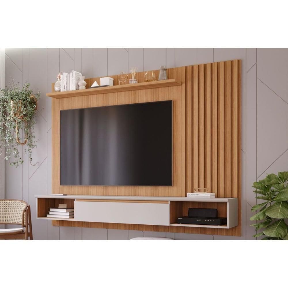 Painel Quarto P/ Até 65 Pol Bahamas Ripado C/ 1 Porta 215x157cm Nature/off White - Permóbili