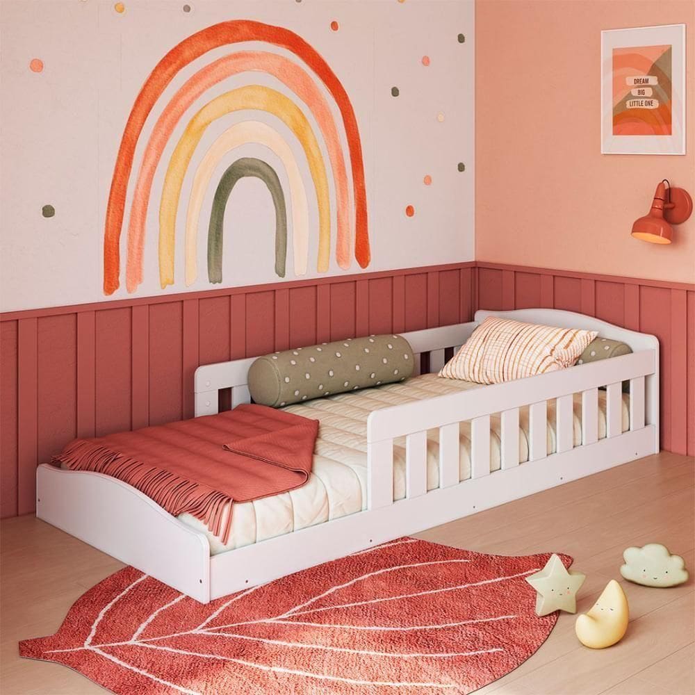Cama Montessoriana Infantil Solteiro Proteção Lateral Branco Completa Móveis