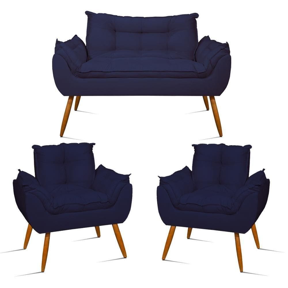 Kit Namoradeira Opala + 2 Poltronas Para Sala Balaqui Decor Azul Marinho