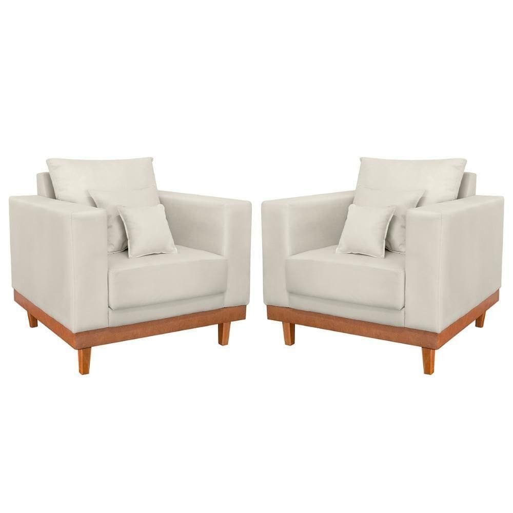 Kit 2 Poltronas Suede Resistentes Base Madeira + Almofadas Bege