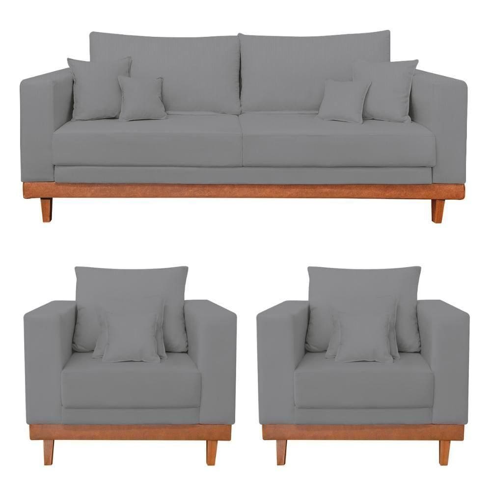 Kit 2 Poltronas Living + Sofá 3 Lugares Base Madeira Linho Grafite