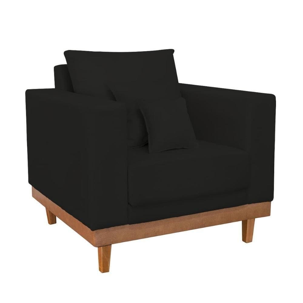 Poltrona Living Resistente Suede Base Madeira Com Almofadas Preto