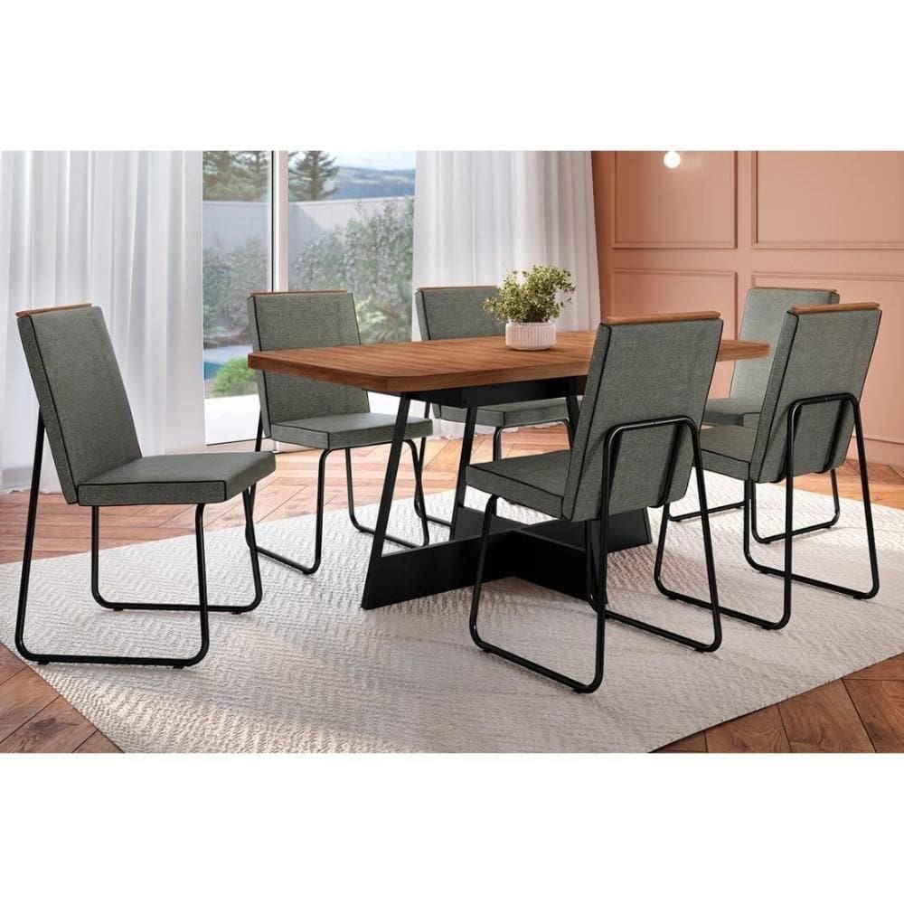 Sala De Jantar Completa átria 1592 Aço C- Tampo Madeirado 160x90cm E 6 Cadeiras Lira Preto-nogal - Preto-grafite - Preto - Carraro