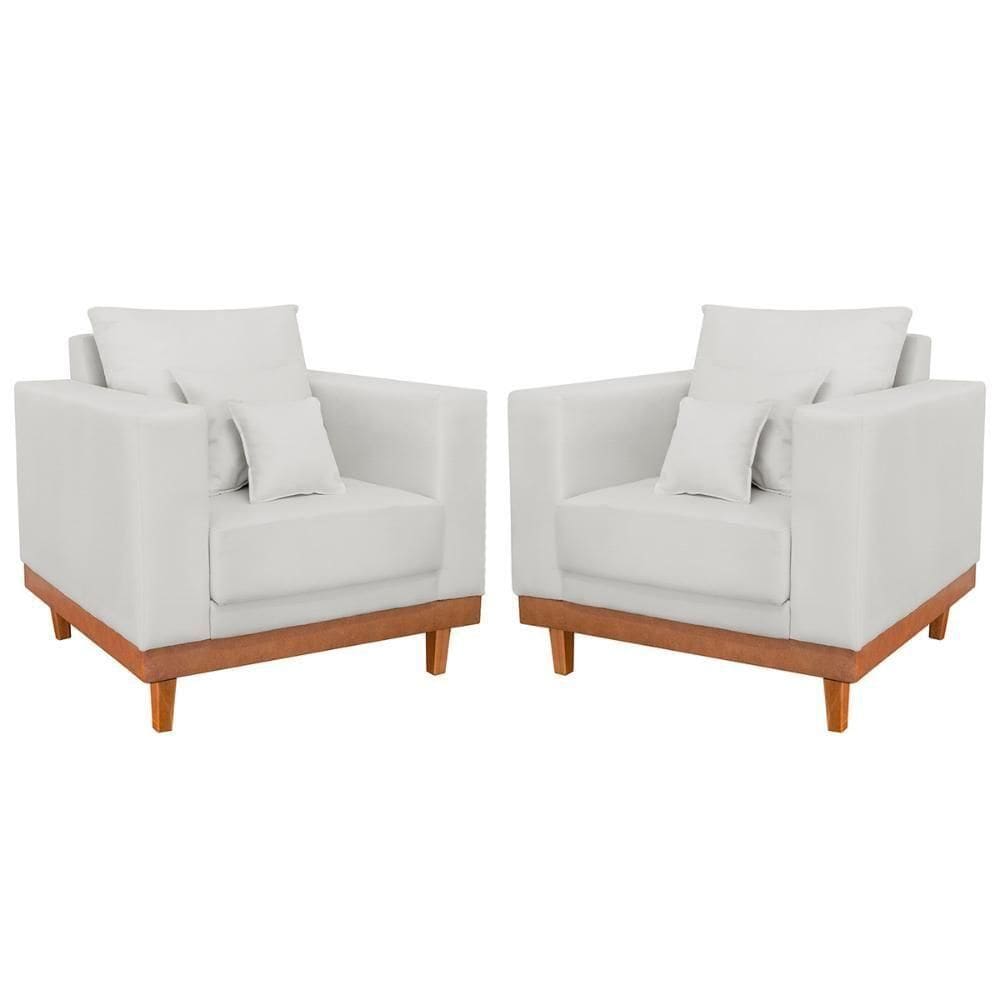 Kit 2 Poltronas Linho Resistentes Base Madeira + Almofadas Bege