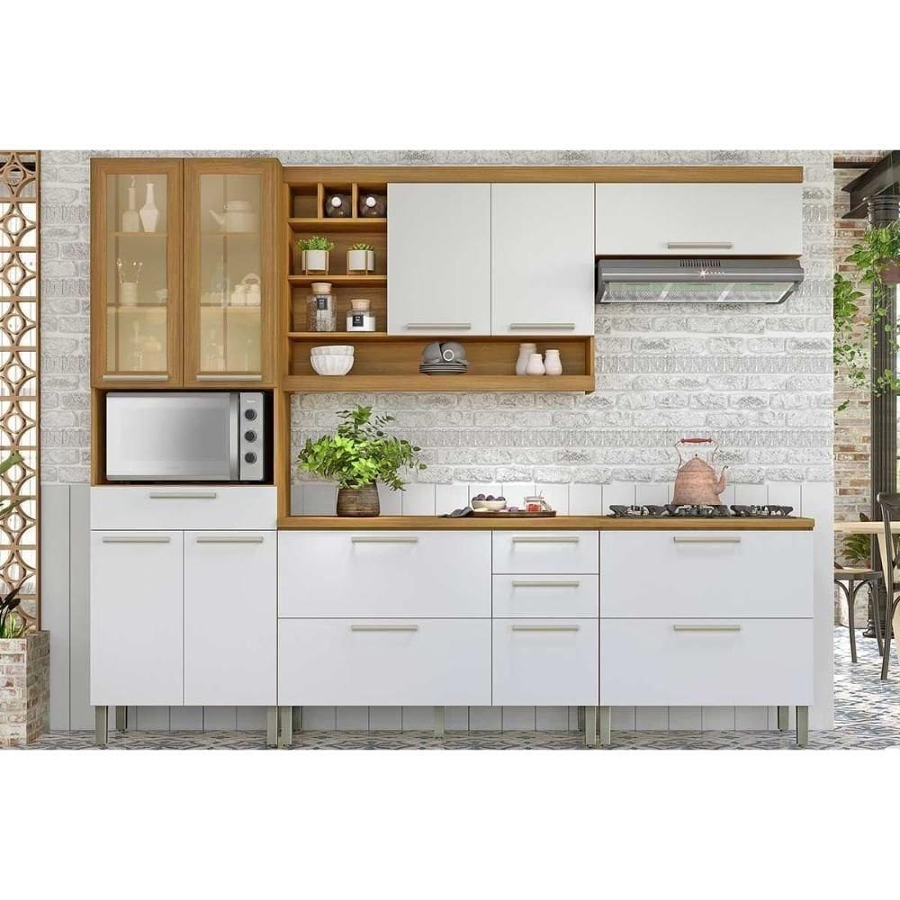Kit Cozinha Modulada 5 Peças Burguesa Premium 2 Aéreos + 2 Balcões + 1 Paneleiro C6p56 Freijó Off White
