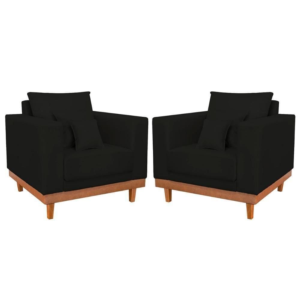 Kit 2 Poltronas Suede Resistentes Base Madeira + Almofadas Preto