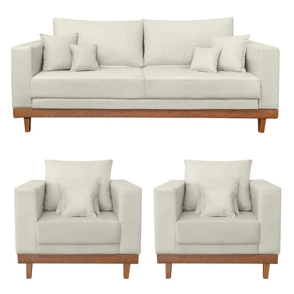 Kit 2 Poltronas Living + Sofá 3 Lugares Base Madeira Suede Bege