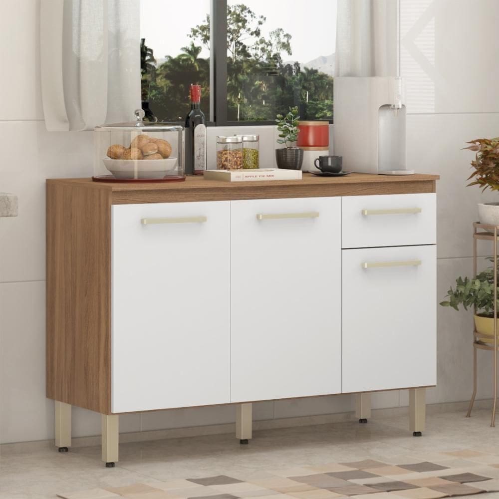Balcão De Cozinha 3 Portas E 1 Gaveta Laos Amêndola Touch Branco