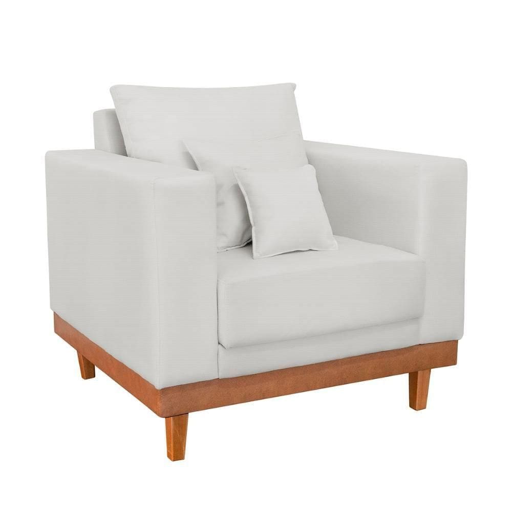 Poltrona Living Resistente Linho Base Madeira Com Almofadas Bege