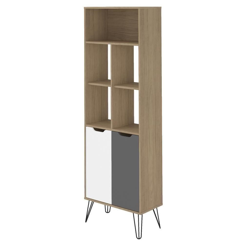 Estante 2 Portas 5 Nichos 182x60 Cm Carvalho Branco Grafite Arly