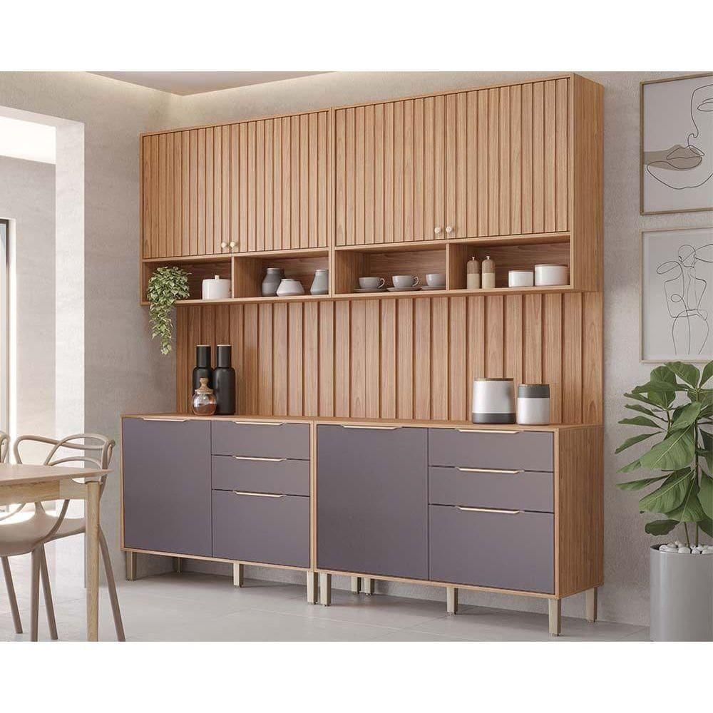 Kit Cozinha Modulada 6 Peças Divina 2 Aéreos + 2 Balcões + 2 Complementos Cz005 Freijó Titanium