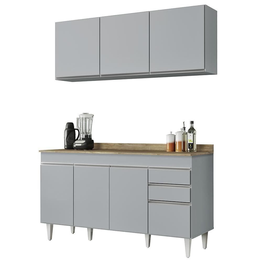 Armário De Cozinha Argélia E Balcão Com Tampo 150cm Marrocos Cinza Claro/castanho - Lumil