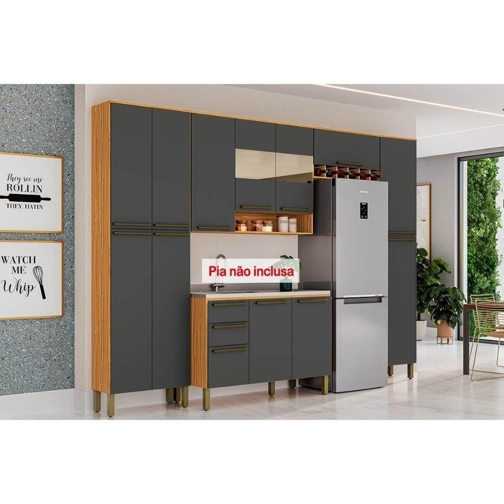 Cozinha Modulada Completa Nápoli 5 Peças 2 Aéreos + 1 Balcão+ 2 Paneleiros C5p96 Amendoa Grafite Ronipa