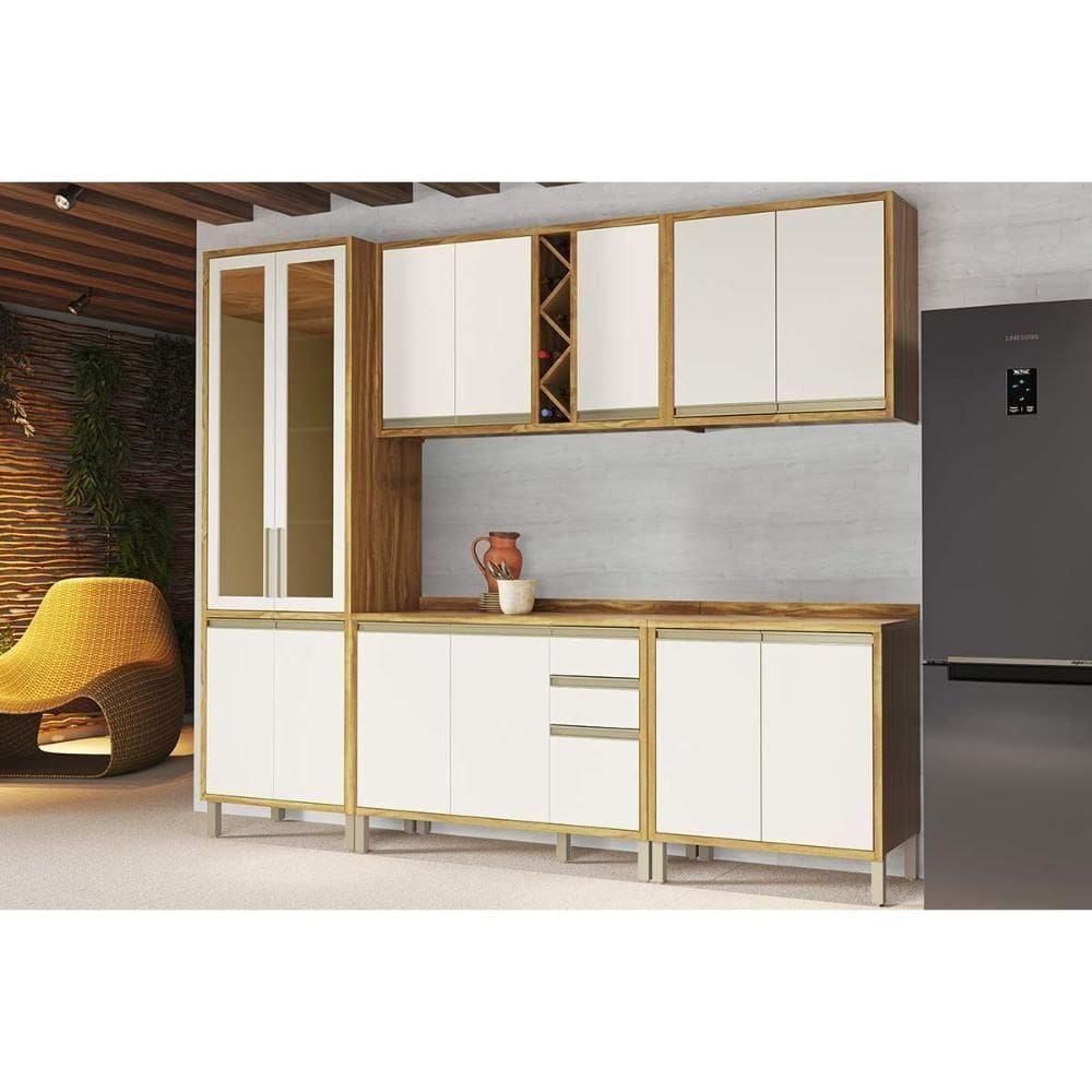 Kit Cozinha Modulada 5 Peças Tempranillo 2 Aéreos + 2 Balcões+ Cristaleira C5p81 Amendoa Off White Ronipa