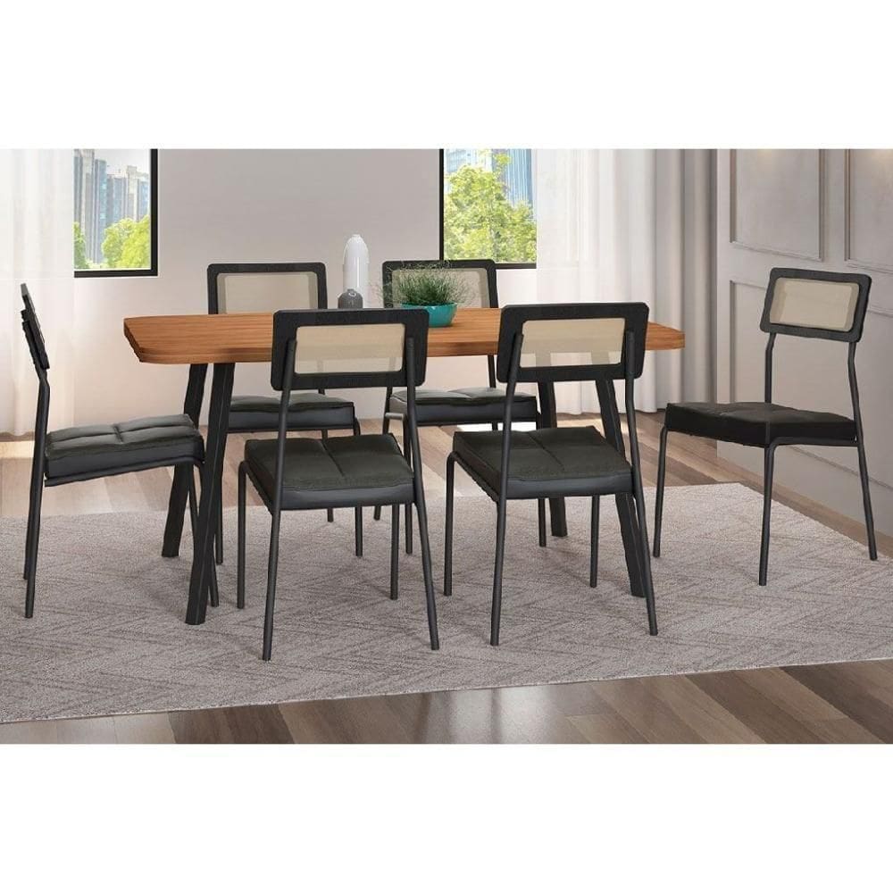 Sala De Jantar Completa Stellar 1597 Aço C- Tampo Madeirado 160x90cm E 6 Cadeiras Lux Preto-nogal - Preto-grafite - Preto - Carraro