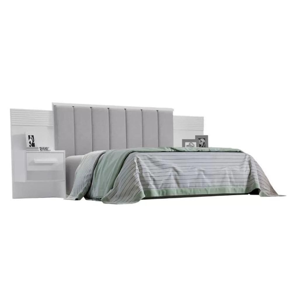 Cabeceira Casal íris Estofada Com 2 Mesas De Cabeceira D`doro Branco Ripado 1,40m