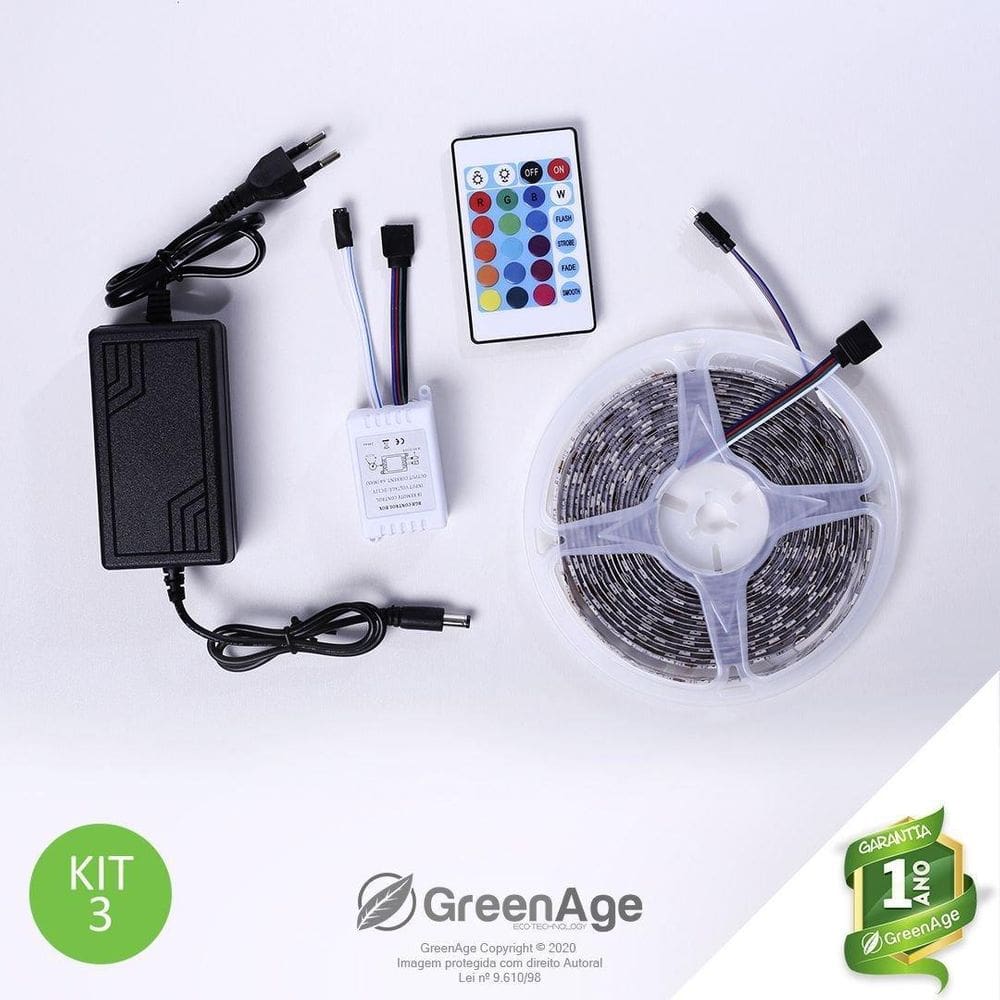 Fita Led 5050 Rgb 12V 5M Ip65 Com Controle + Fonte Kit 3