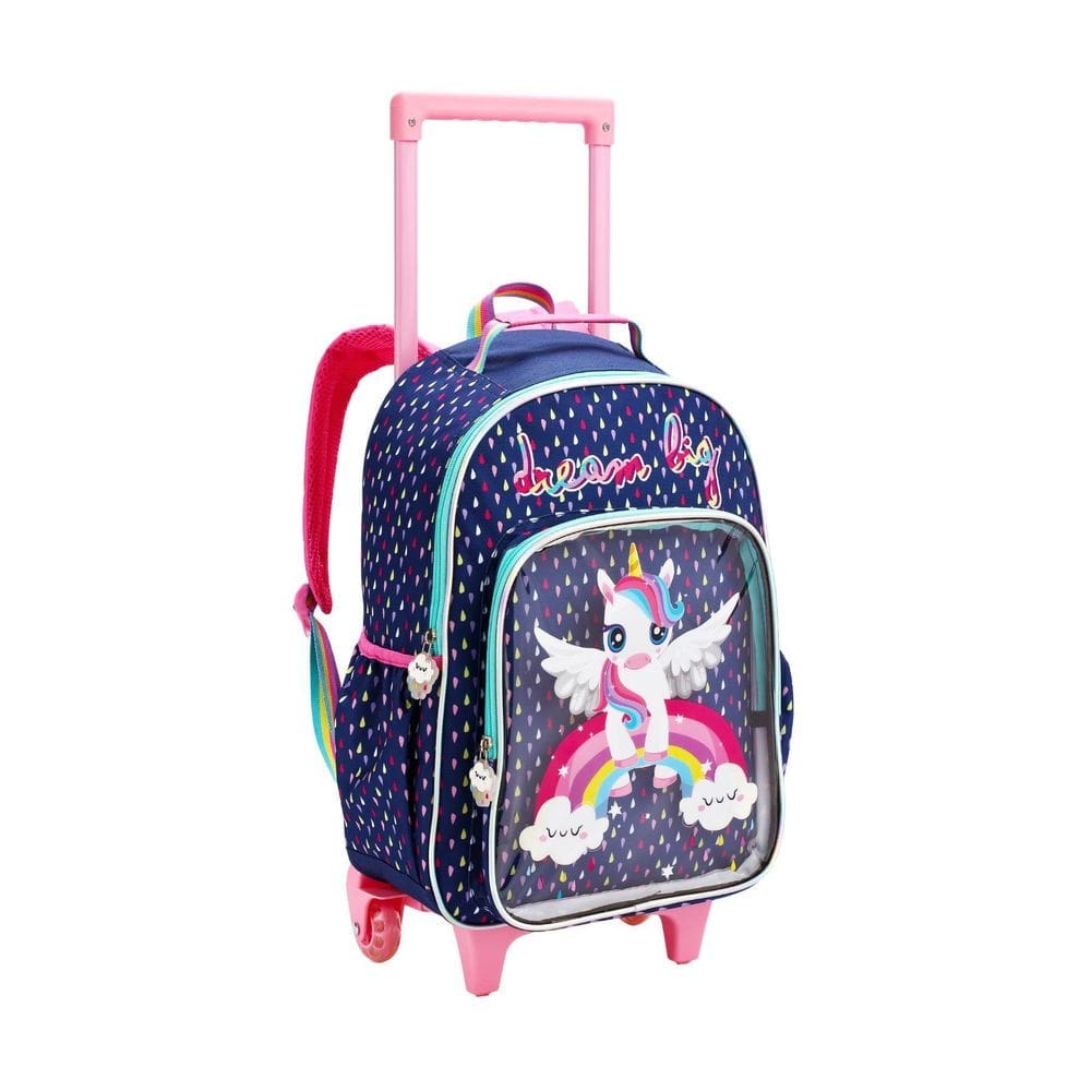 Mochila Escolar 2Em1 Costas E Rodas Unicórnio - Azul