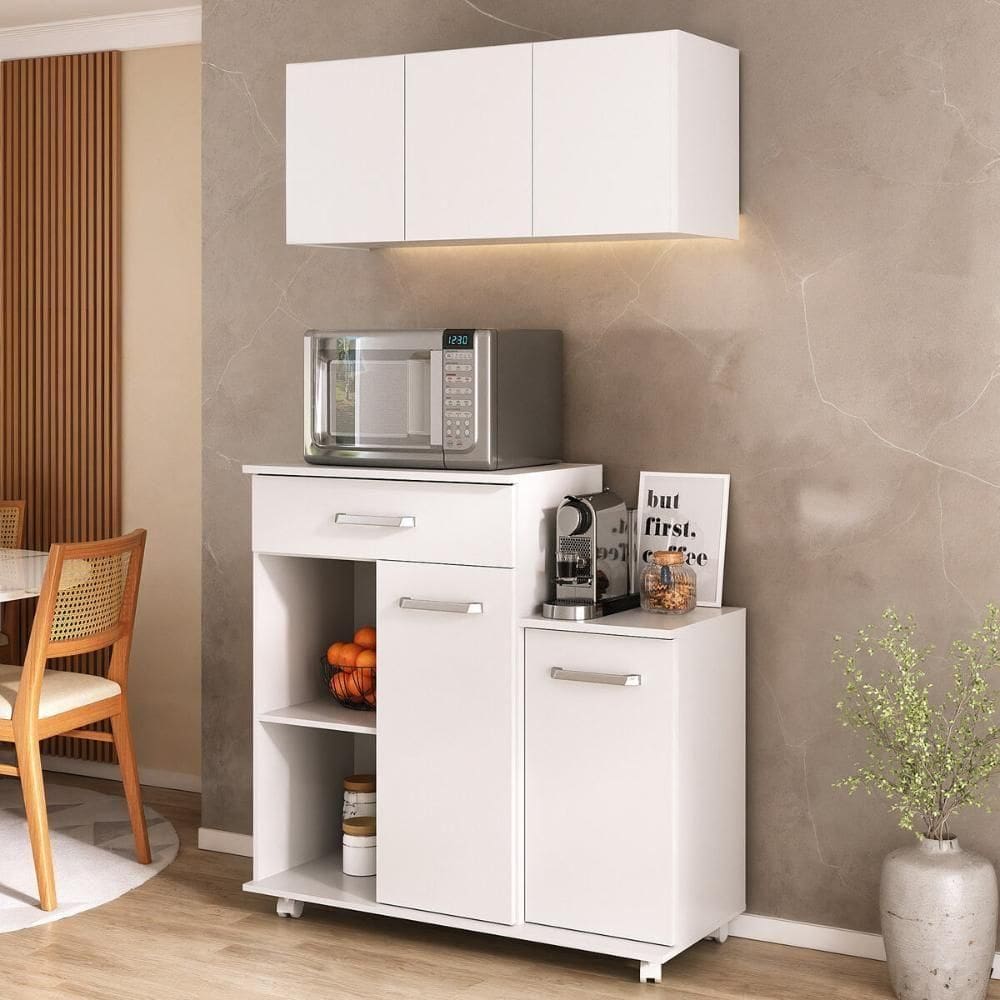 Kit Armário De Cozinha 93cm Com Balcão Multiuso Para Micro-ondas Multimóveis Mp2282 Branco