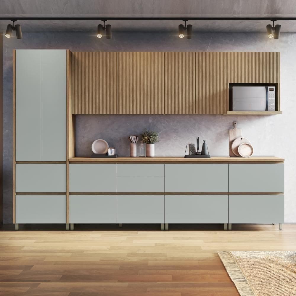 Cozinha Completa Rainha 10 Portas 8 Gavetas Ripado 100% Mdf Nature/verde Nesher Nature/verde