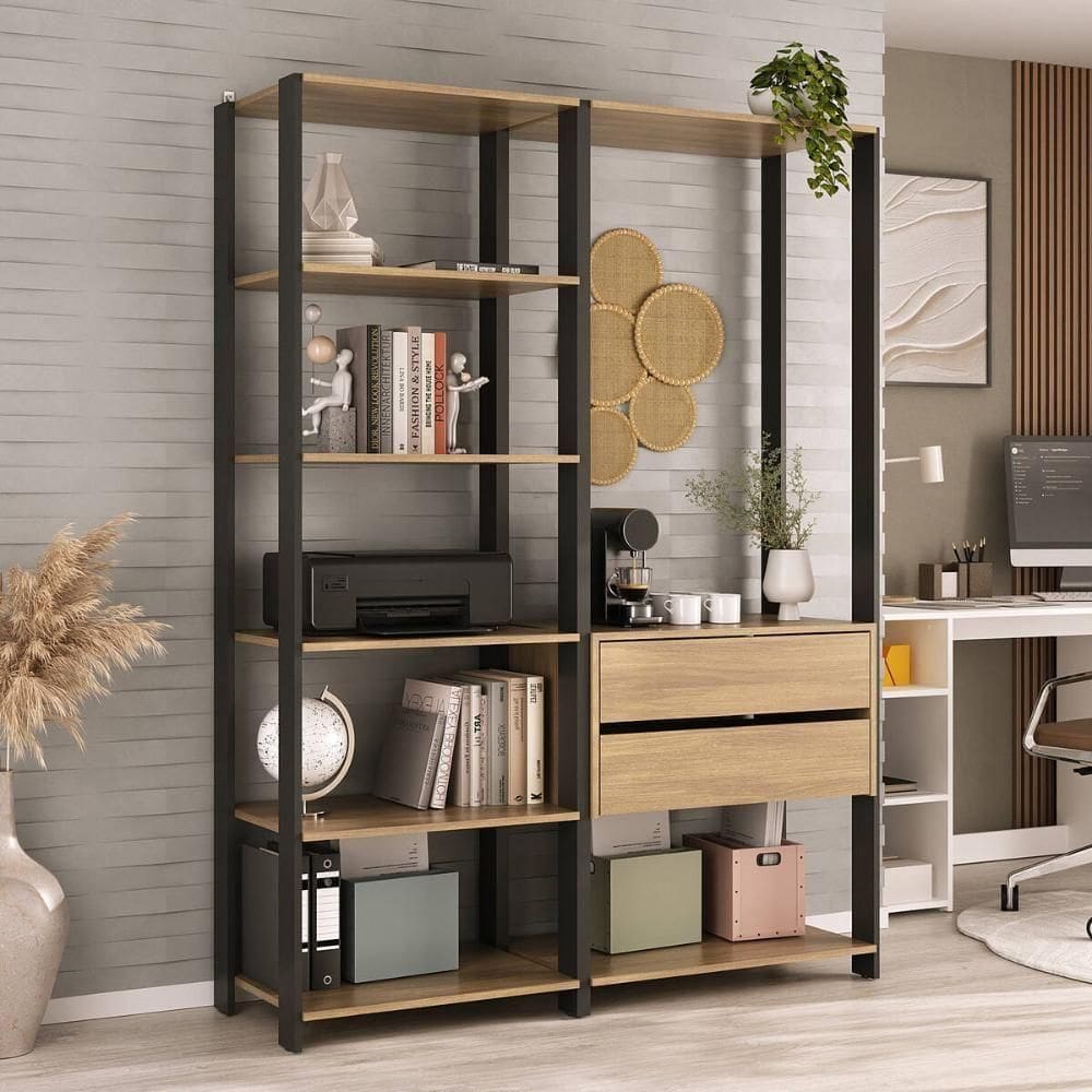 Estante Livreiro Modular 135cm 2 Peças Com 2 Gavetas Multimóveis Mp6029 Preto/madeirado