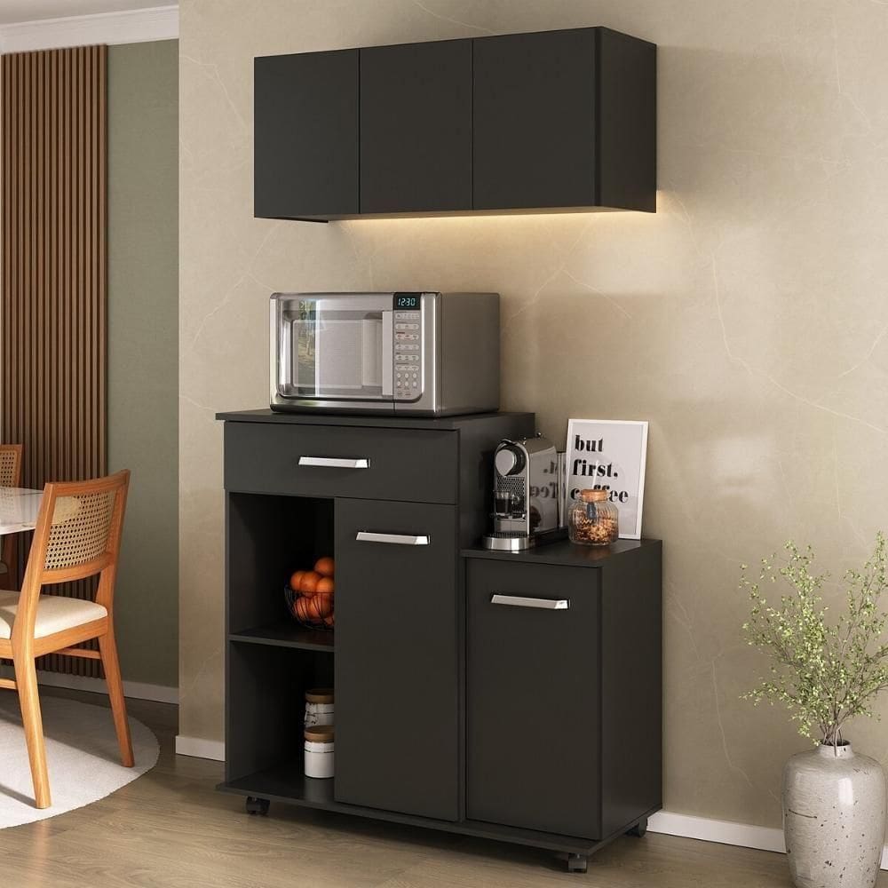 Kit Armário De Cozinha 93cm Com Balcão Multiuso Para Micro-ondas Multimóveis Mp2282 Preto