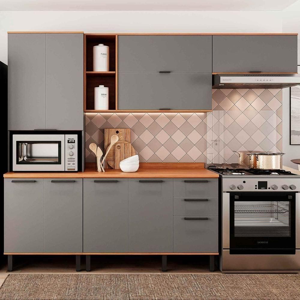 Armário De Cozinha Completa Castanha 2700mm 4 Peças - Cinza/freijó