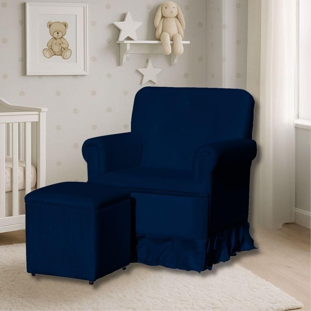 Poltrona De Amamentação Com Balanço E Puff Lara Veludo Azul Marinho