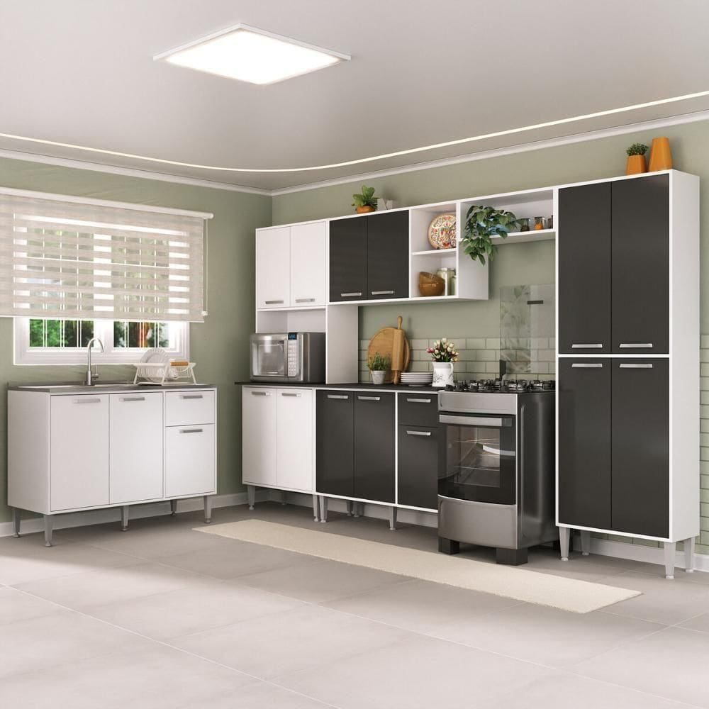 Armário De Cozinha Modulada Completa 6 Peças Com Balcão Para Pia Siena Multimóveis Mp2285 Branco/preto