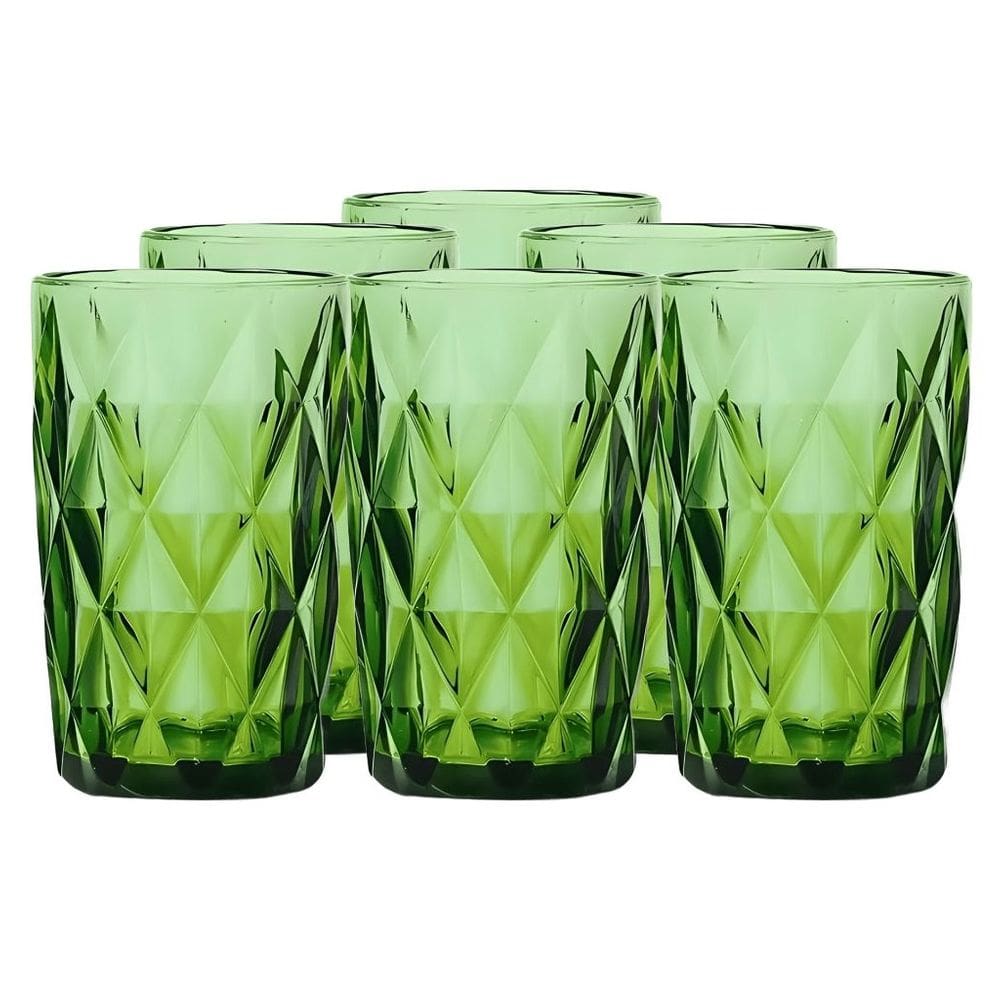 Jogo com 6 Copos Diamond de Vidro Verde Esmeralda De Agua ou Suco 350ml