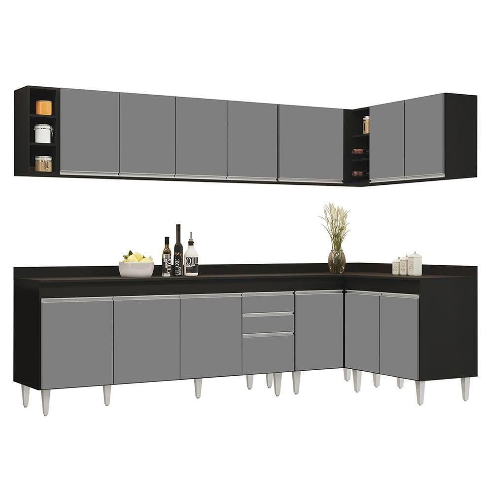 Armário De Cozinha Modulado De Canto 6 Peças Cp33 Com Pia Inox Preto-cinza