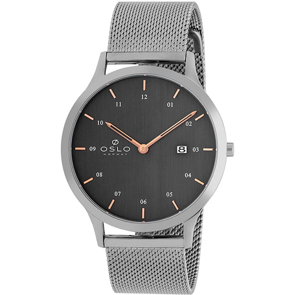 Relógio Oslo Slim Fino Pulseira Mesh Prata Vidro Safira