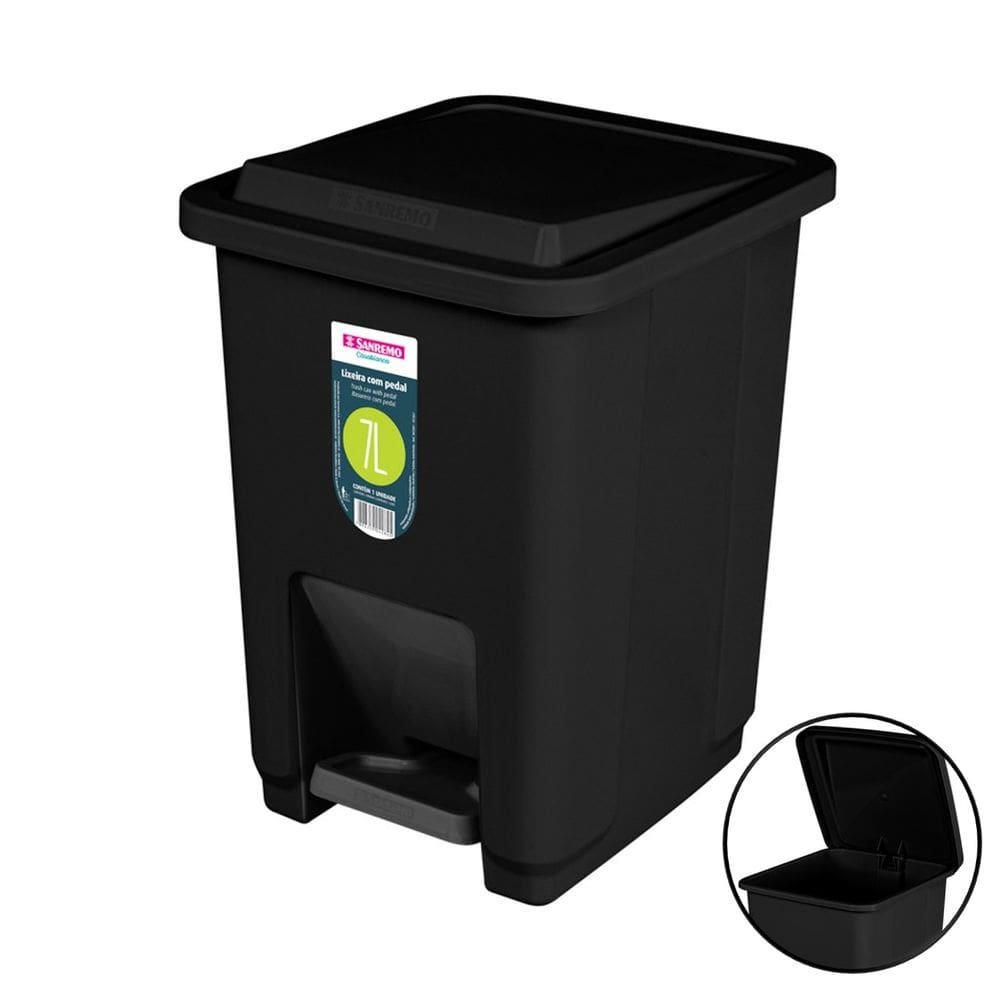 Lixeira Plástica 7 Litros Com Pedal Cesto De Lixo Preto Banheiro Cozinha - SR2207/20 Sanremo