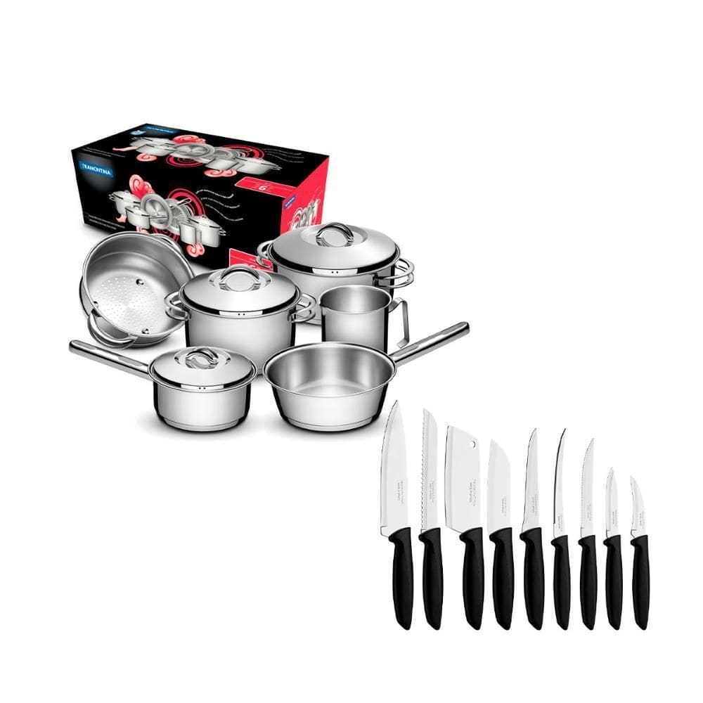 Jogo Panelas 6Pç Inox + Jogo Facas Plenus 9Pç Tramontina