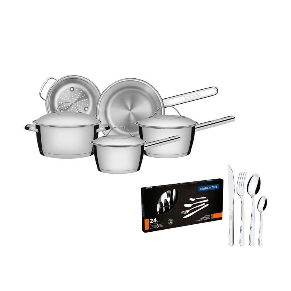 Jogo Panelas Allegra 5 Pçs Inox + Faqueiro Inox Buzios 24Pçs