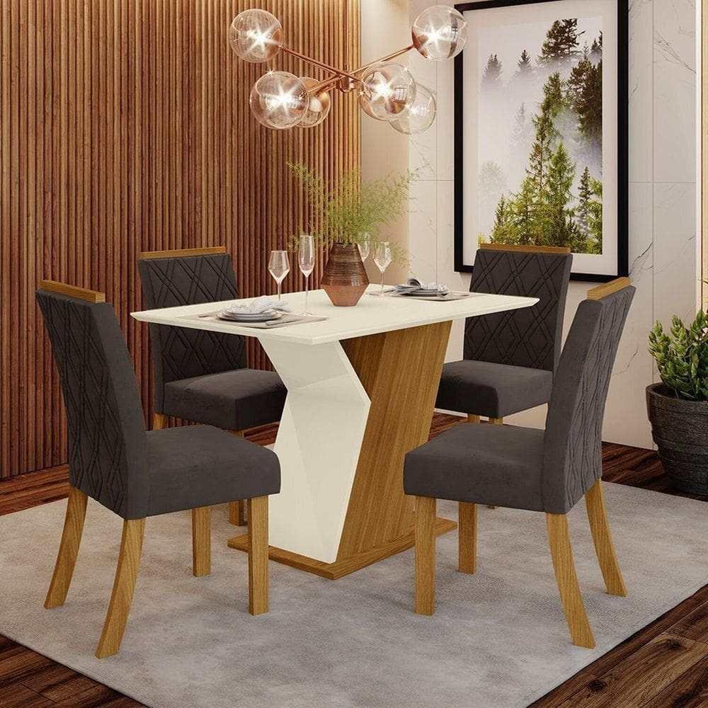 Conjunto Sala de Jantar Canto Reto 120cm 4 Cadeiras Évelin Espresso Móveis Marrom/Off White/Marrom Expresso