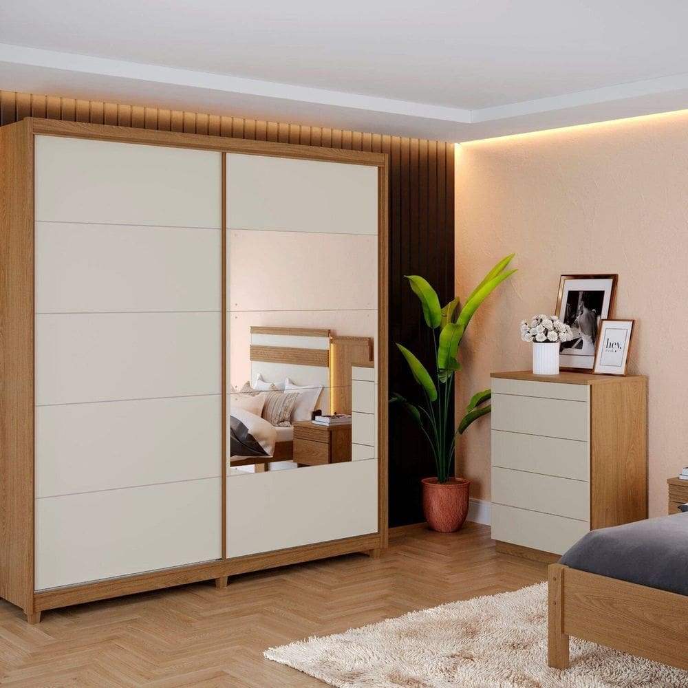 Guarda-roupa Casal 2 Portas com Espelho 4 Gavetas 100% Mdf Vilage Freijó / Off White