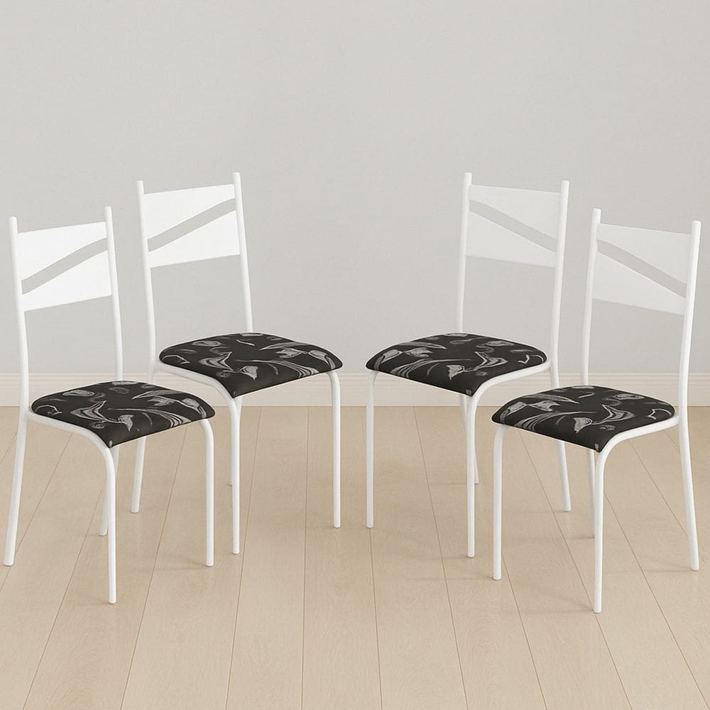 Conjunto 4 Cadeiras para Cozinha e Sala de Jantar Branco/Preto Floral