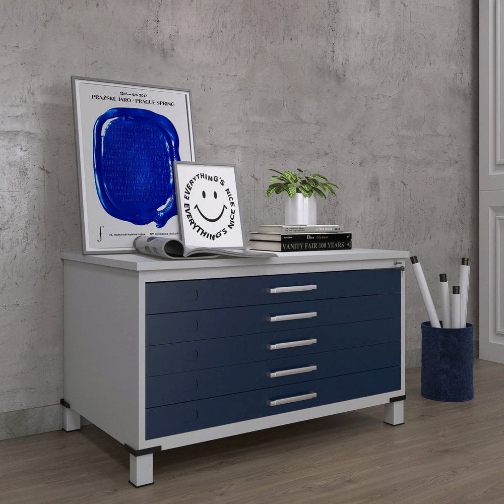 Mapoteca Mont 5 Gavetas 71,3cm X 120,4cm Aço Cinza/Azul Del Rei